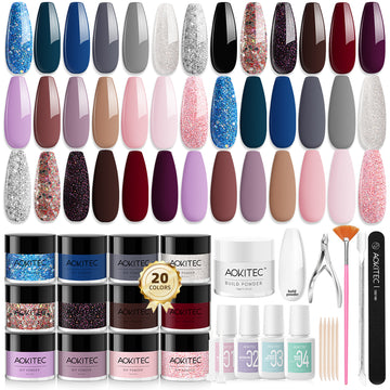 Aokitec 36PCS Dip Powder Nail Kit - 20+1 Colors Silver Black Pink Glitter Dipping Powder Nail Kit